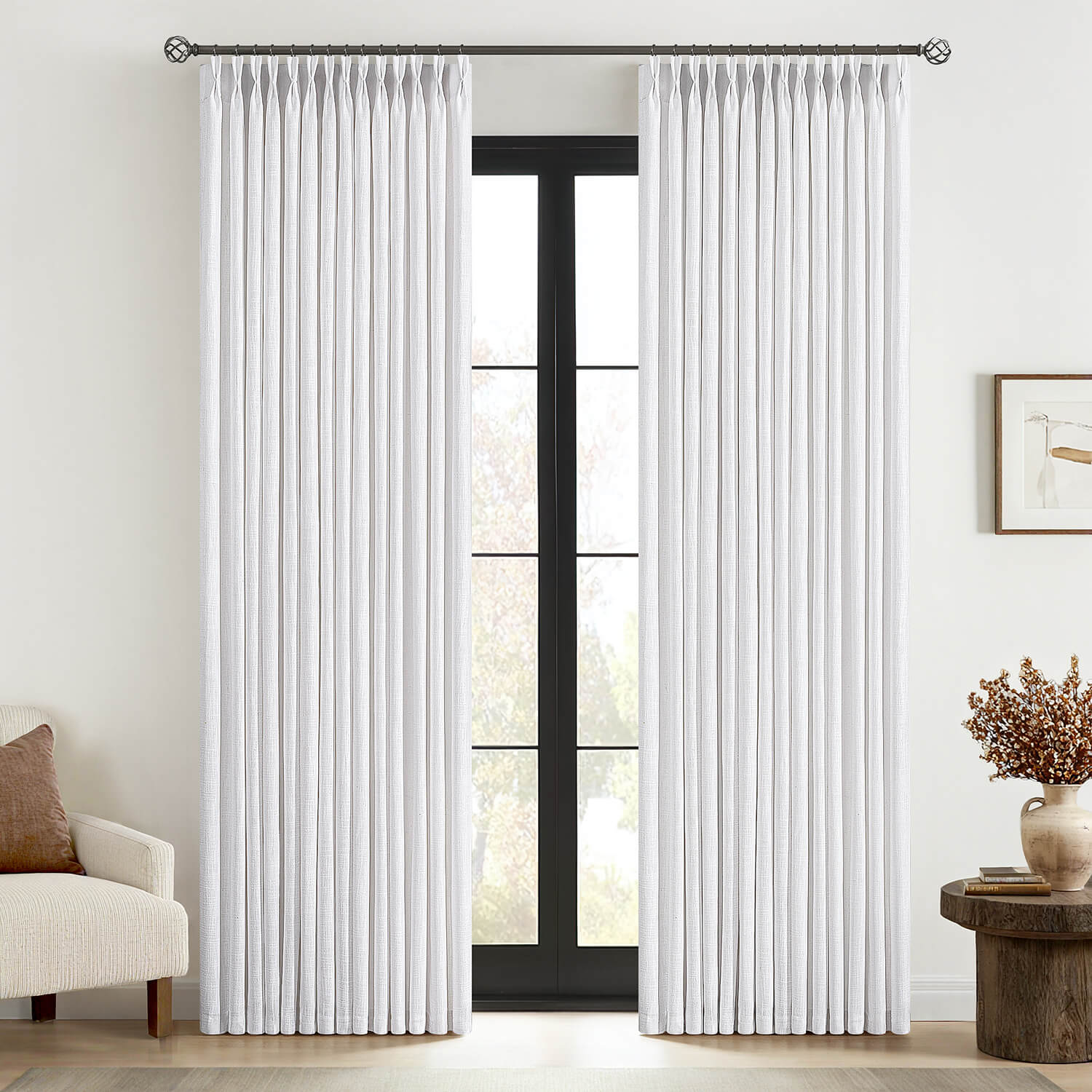 MIULEE Pinch Pleated White Linen Curtains 90 Inches Long 2 Panels Thick Texture Linen Drapes for Living Room Bedroom Pinch Pleat Back Tab Light Filtering Farmhouse Window Curtains with Hooks&Rings