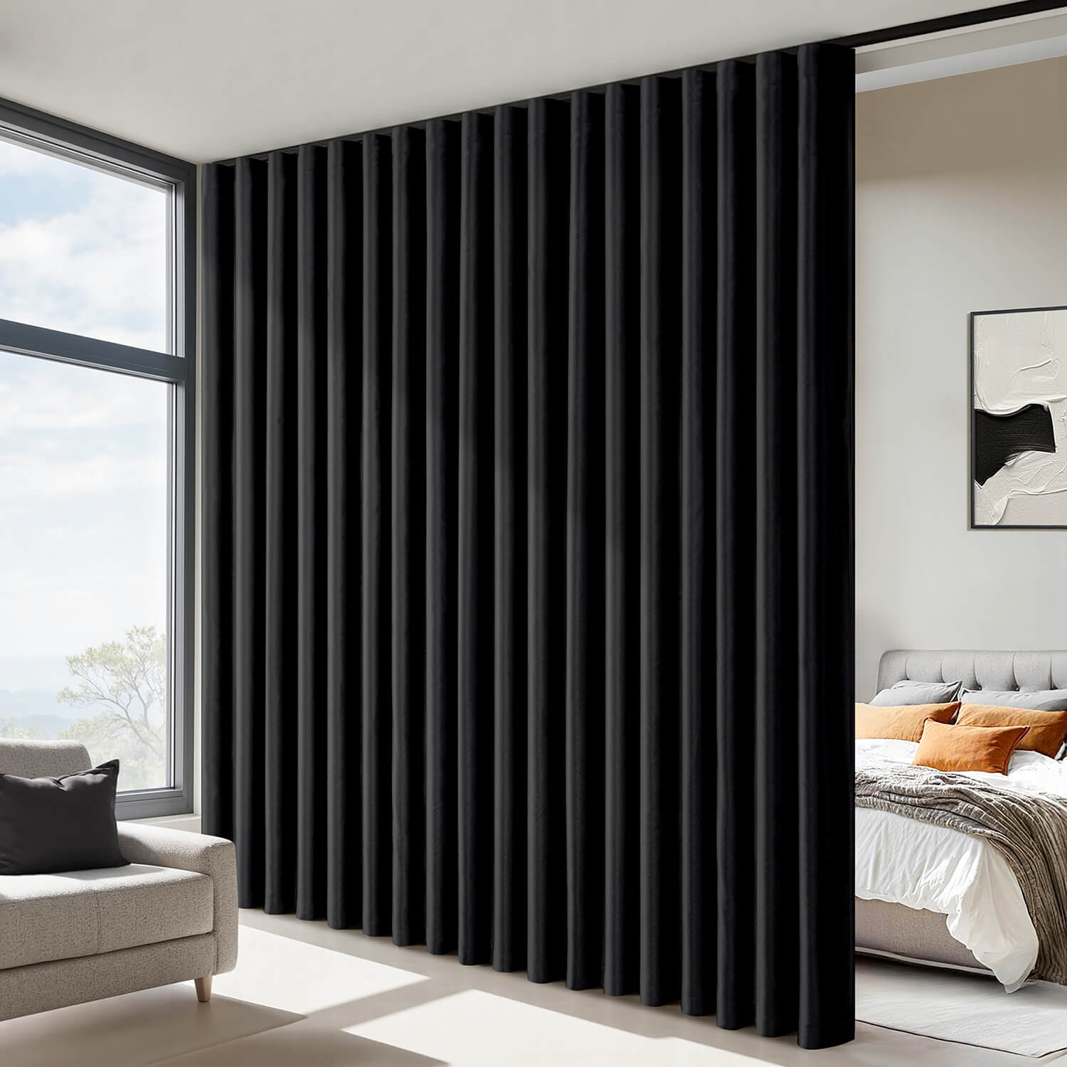 Room Divider Extra Wide Blackout Ceiling Curtain Track Rod Black 180Wx96L