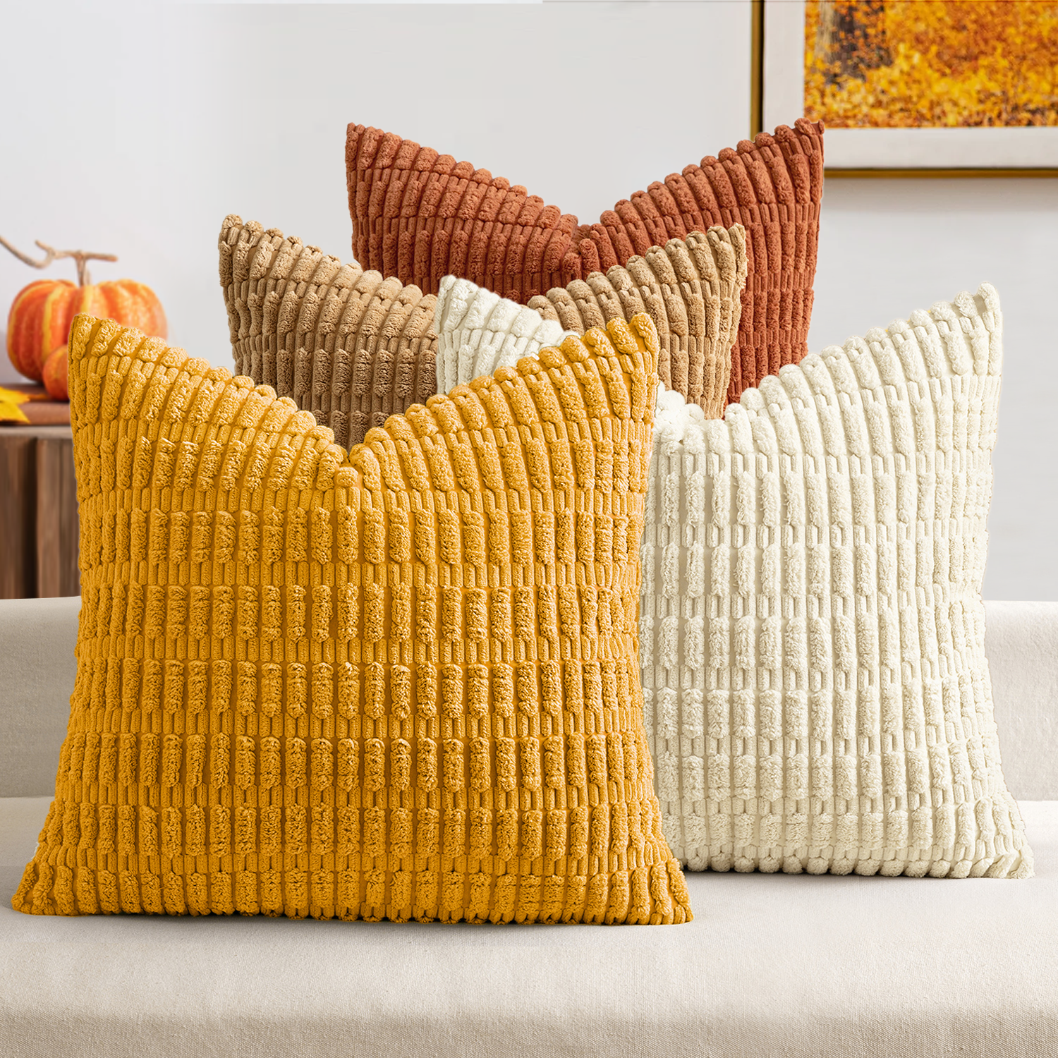 Decorative Farmhouse Boho Corduroy Throw Pillow Covers Camel 18x18-inch