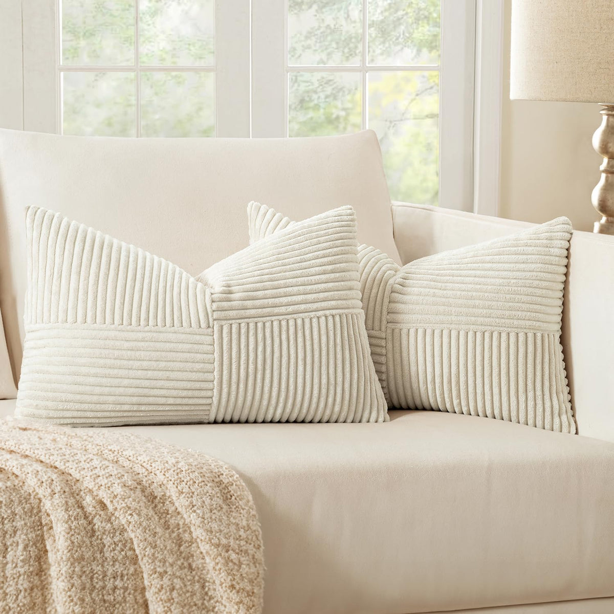 MIULEE Beige Corduroy Pillow Covers Pack of 2 Boho Decorative Spliced Throw Pillow Covers Soft Solid Couch Pillowcases Cross Patchwork Textured Cushion Covers for Living Room Bed Sofa 12x24 inch