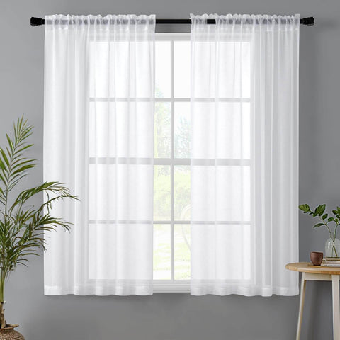 Miulee Sheer Curtains Linen Textured Rod Pocket Light Filtering Voile Window Drapes White 42Wx45L