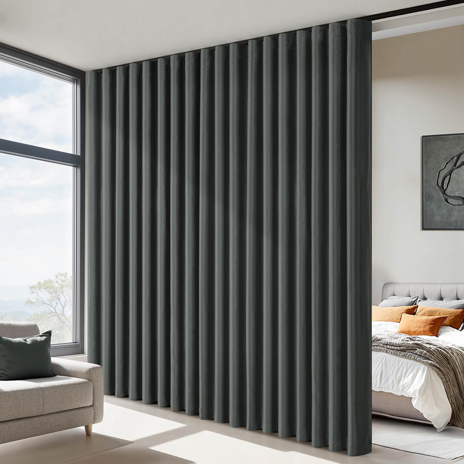 Room Divider Extra Wide Blackout Ceiling Curtain Track Rod Dark Grey 100Wx108L