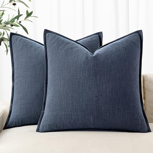 MIULEE Decorative Linen Pillow Covers 20x20 Inch Indigo Blue ?Boho Farmhouse Neutral Couch Throw Pillows for Bed Pack of 2 Accent Coastal Modern Pillowcase Summer Sofa Livingroom Home Decor