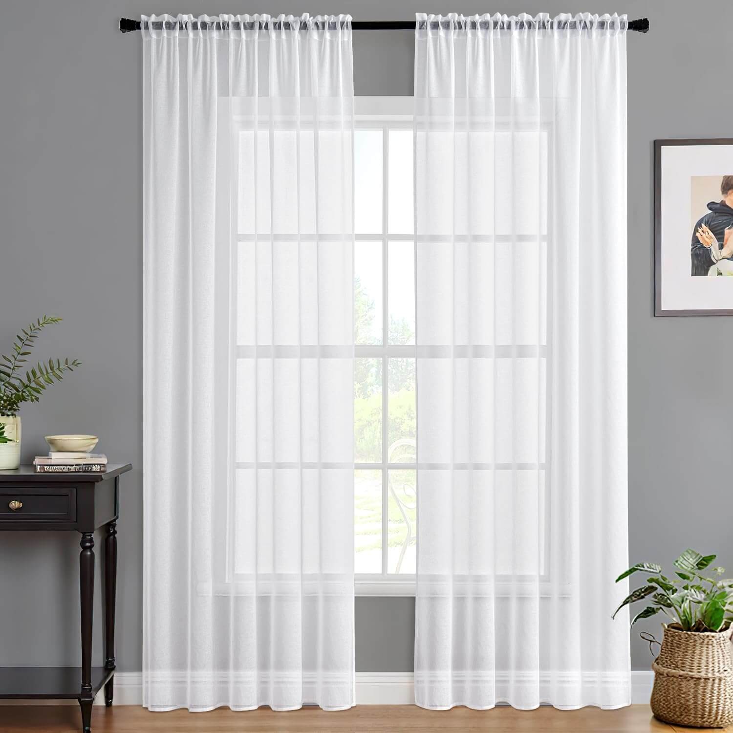 Miulee Sheer Curtains Linen Textured Rod Pocket Light Filtering Voile Window Drapes White 42Wx72L