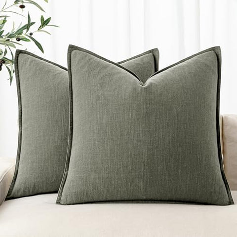MIULEE Decorative Linen Pillow Covers 18x18 Inch Olive Green Boho Farmhouse?Neutral Couch Throw Pillows for Bed Pack of 2 Accent Outdoor Pillowcase Modern Sofa Cushion Livingroom Home Decor