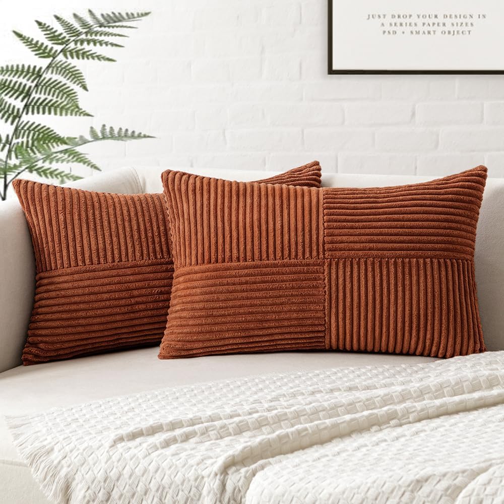MIULEE Dark Rust Corduroy Pillow Covers Pack of 2 Boho Decorative Spliced Throw Pillow Covers Soft Solid Couch Pillowcases Cross Patchwork Textured Cushion Covers for Living Room Bed Sofa 14x24 inch