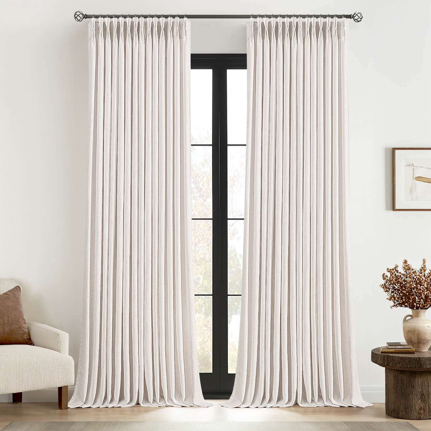 MIULEE Pinch Pleated Linen Curtains 105 Inches Long 2 Panels for Living Room Bedroom Thick Texture Linen Drapes Pleat Back Tab Light Filtering Boho Nautral Farmhouse Window Curtains with Hooks&Rings