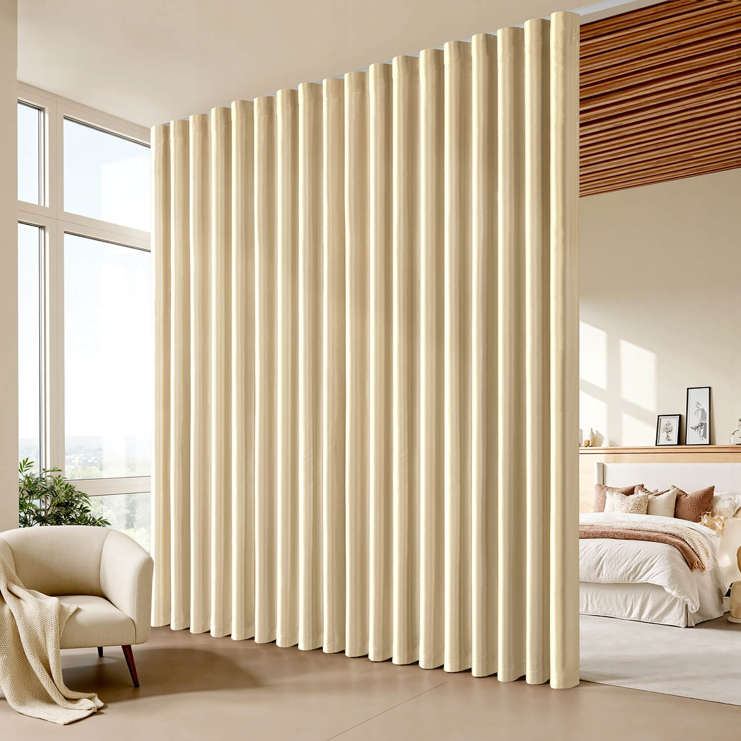 Room Divider Extra Wide Blackout Ceiling Curtain Track Rod Beige 100Wx96L