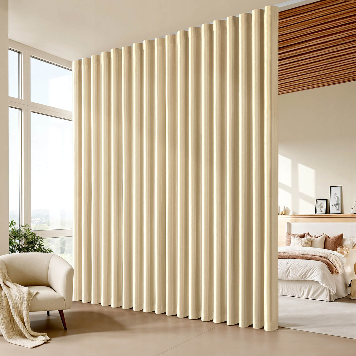 Room Divider Extra Wide Blackout Ceiling Curtain Track Rod Beige 100Wx84L