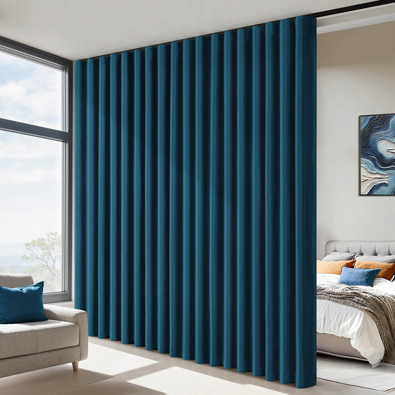 Room Divider Extra Wide Blackout Ceiling Curtain Track Rod Navy Blue 100Wx96L
