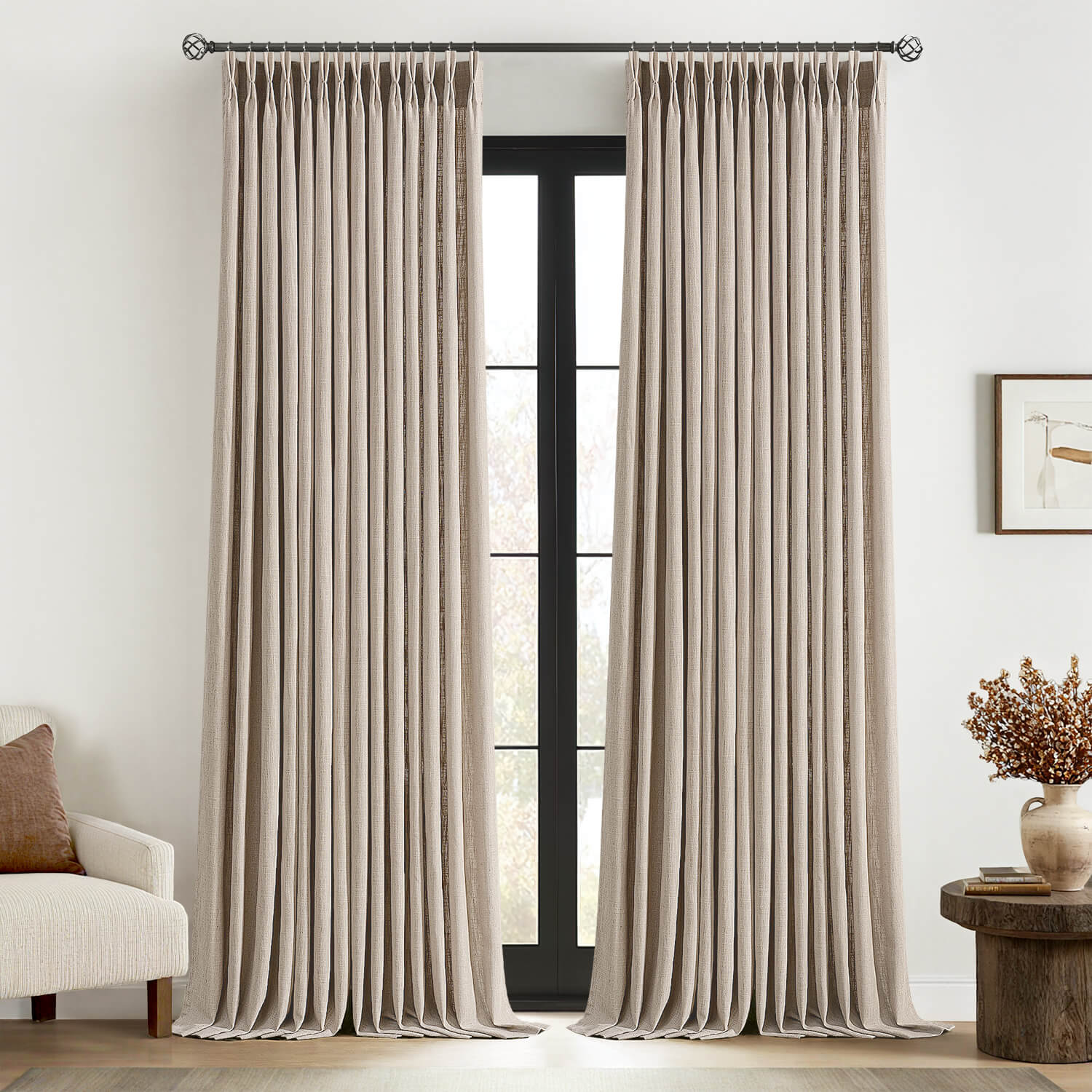 MIULEE Pinch Pleated Linen Curtains 96 Inches Long 2 Panels for Living Room Bedroom Thick Texture Linen Drapes Pinch Pleat Back Tab Rustic Farmhouse Window Curtains with Hooks&Rings Taupe