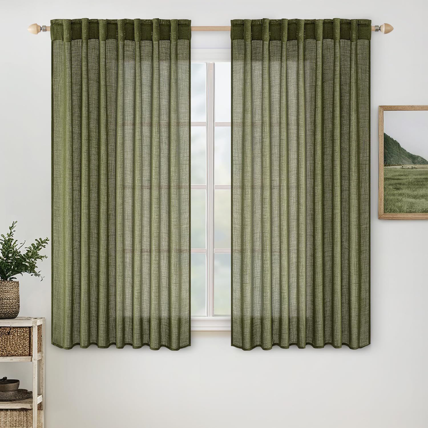 miulee soft thick linen textured window drapes back tab light olive green 52Wx54L