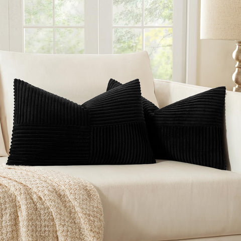 MIULEE Black Corduroy Pillow Covers Pack of 2 Boho Decorative Spliced Throw Pillow Covers Soft Solid Couch Pillowcases Cross Patchwork Textured Cushion Covers for Living Room Bed Sofa 12x24 inch