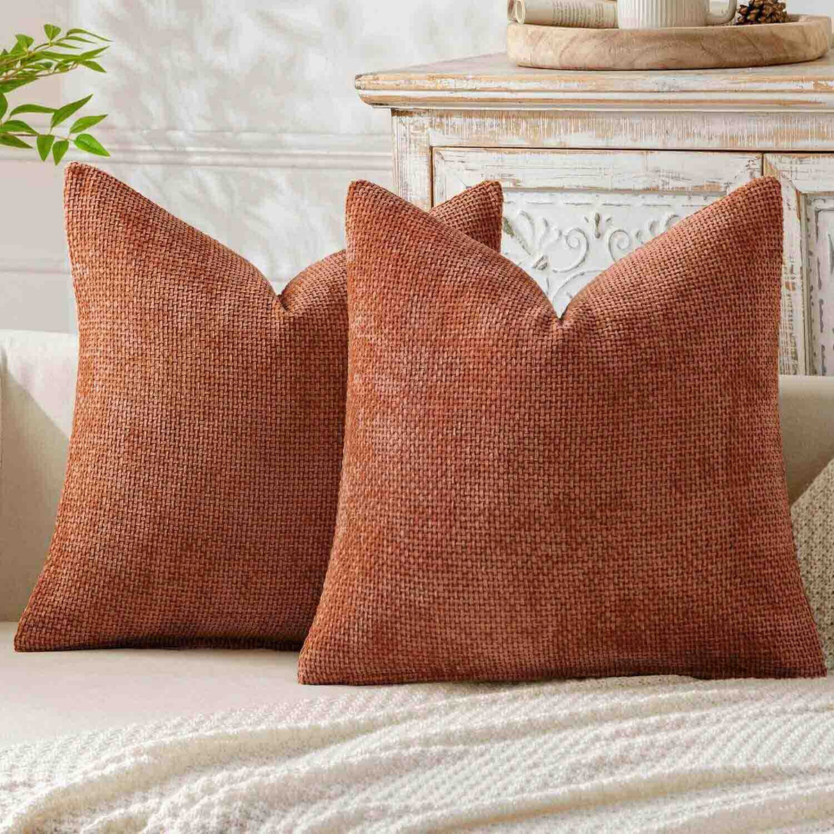 Soft Farmhouse Chenille Throw Pillows Covers Rust 18x18-inch