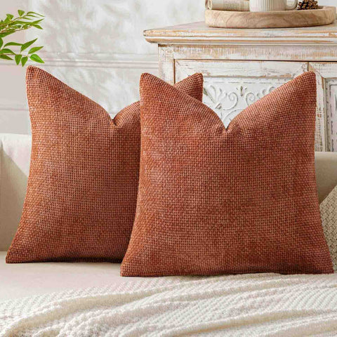 Soft Farmhouse Chenille Throw Pillows Covers Rust 18x18-inch