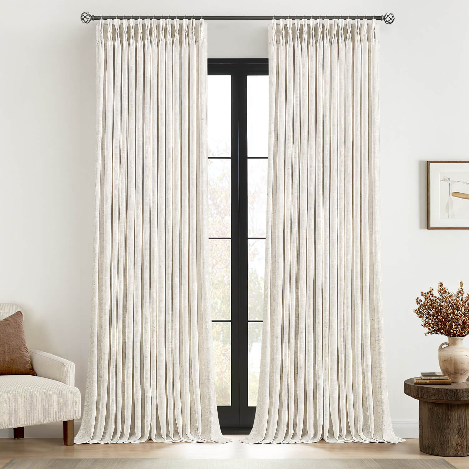 MIULEE Pinch Pleated Linen Curtains 96 Inches Long 2 Panels for Living Room Bedroom Thick Texture Linen Drapes Pinch Pleat Back Tab Light Filtering Neutral Ivory Cream Farmhouse Window Curtains