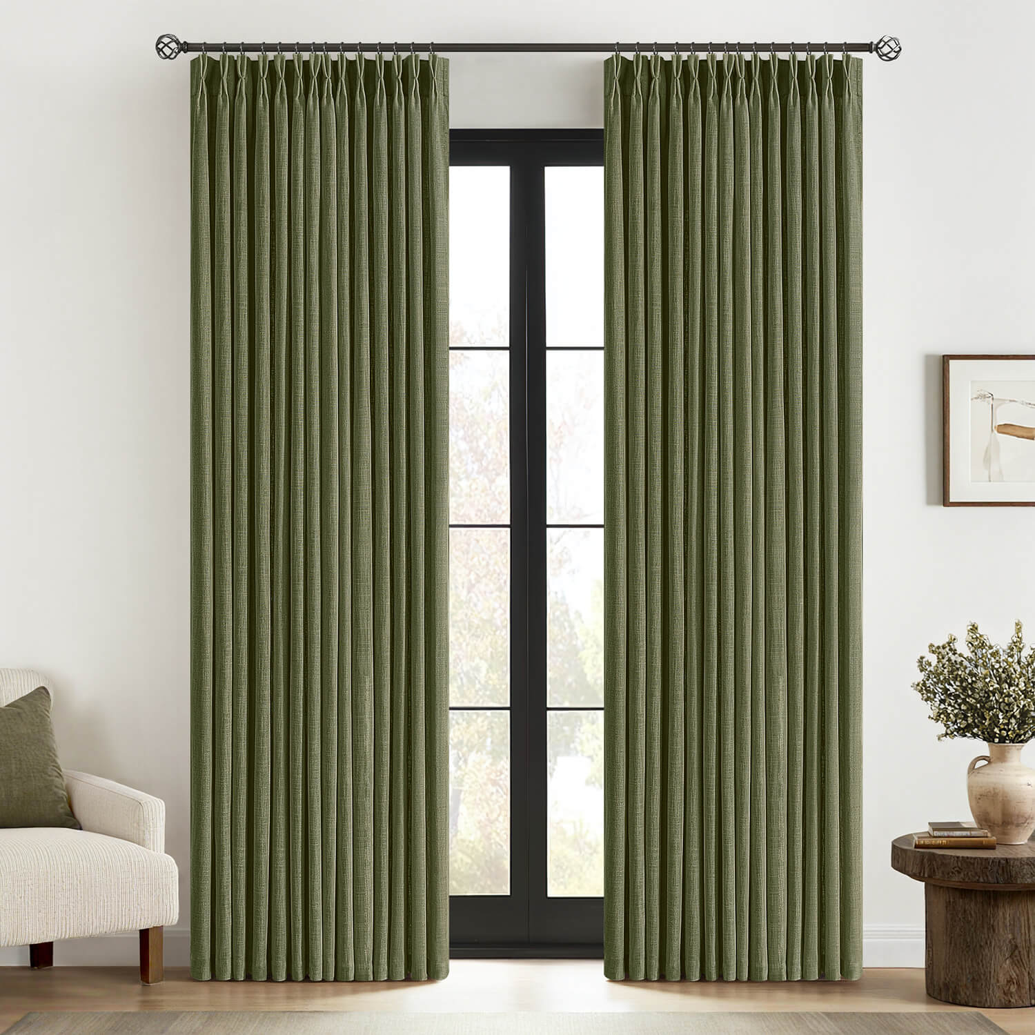 MIULEE Olive Green Pinch Pleated Linen Curtains 84 Inches Long 2 Panels for Living Room Bedroom Thick Texture Linen Drapes Pleat Back Tab Semi Sheer Moss Green Window Curtains with Hooks&Rings