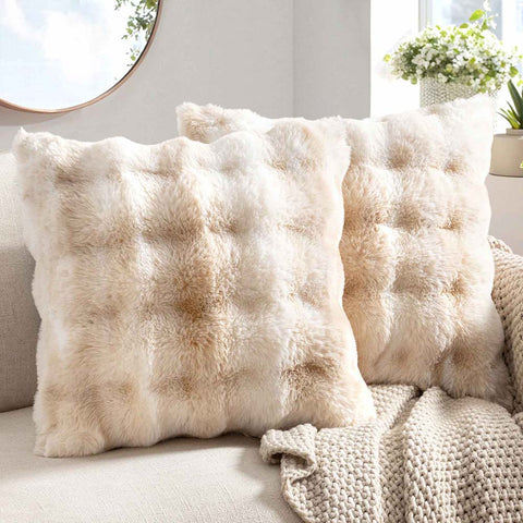 Decorative Pillow Covers Thick Soft Plush Faux Fur Throw Pillows White-Beige 18x18-inch