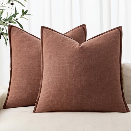 MIULEE Decorative Linen Euro Sham Pillow Covers 24x24 Rust Red Boho Farmhouse?Neutral Couch Throw Pillows for Bed Pack of 2 Accent Modern Pillowcase Sofa Livingroom Home Decor