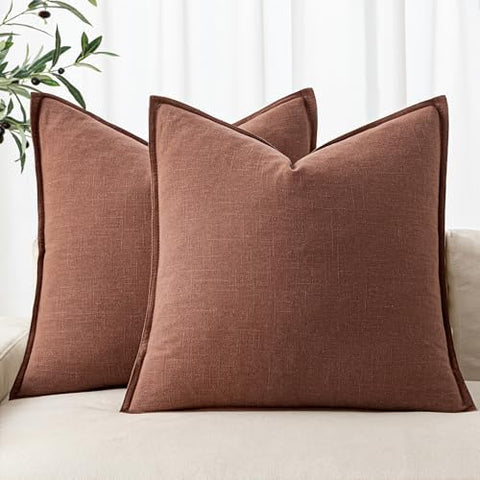 MIULEE Decorative Linen Euro Sham Pillow Covers 24x24 Rust Red Boho Farmhouse?Neutral Couch Throw Pillows for Bed Pack of 2 Accent Modern Pillowcase Sofa Livingroom Home Decor