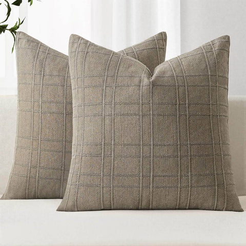 Decorative Linen Check Euro Shams Throw Pillow Covers  Tan Taupe 24x24-inch
