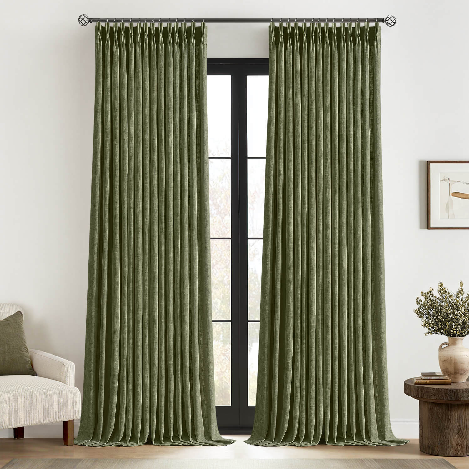 MIULEE Olive Green Pinch Pleated Linen Curtains 108 Inches Long 2 Panels for Living Room Bedroom Thick Texture Linen Drapes Pleat Semi Sheer Moss Green Foor to Ceiling Curtains with Hooks&Rings