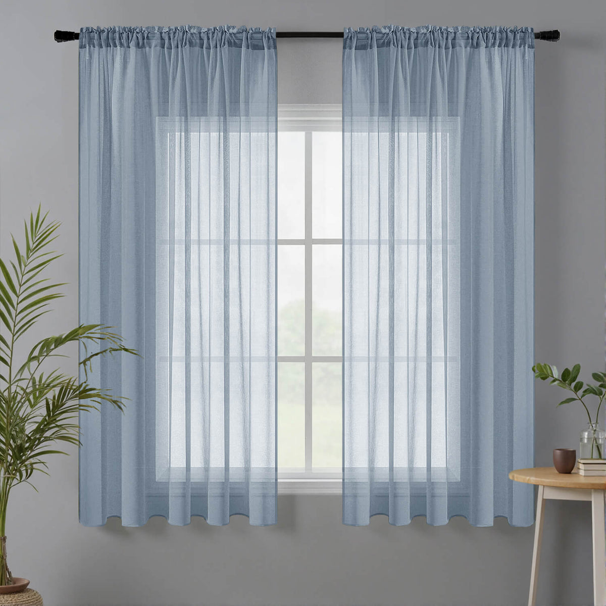 Miulee Sheer Curtains Linen Textured Rod Pocket Light Filtering Voile Window Drapes Dusty Blue 42Wx63L