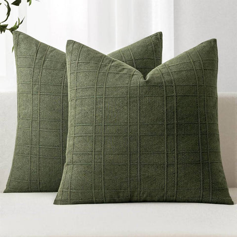 Decorative Linen Check Euro Shams Throw Pillow Covers  Dark Olive Green 24x24-inch