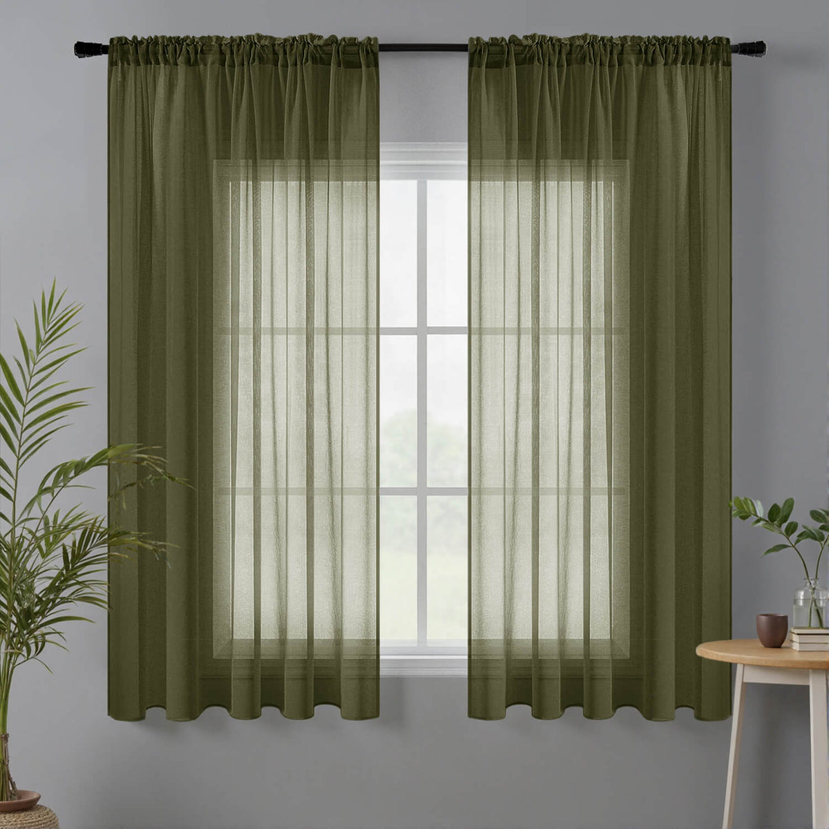 Miulee Sheer Curtains Linen Textured Rod Pocket Light Filtering Voile Window Drapes Olive green 42Wx63L