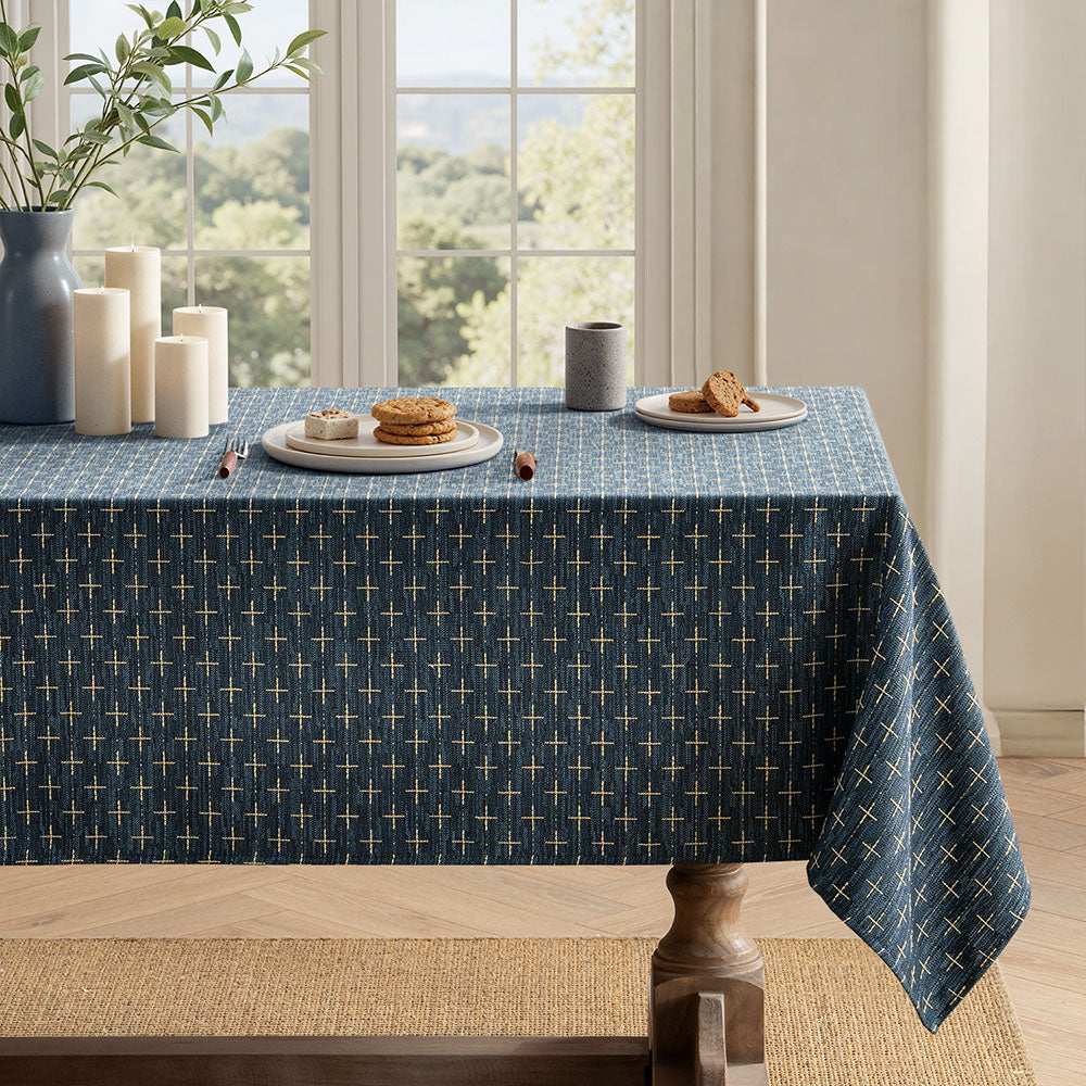 Linen Farmhouse Waterproof Spillproof Cross-Star Textured Tablecloth Navy Blue 102Lx60W