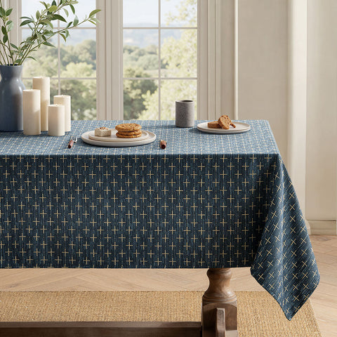 Linen Farmhouse Waterproof Spillproof Cross-Star Textured Tablecloth Navy Blue 84Lx60W