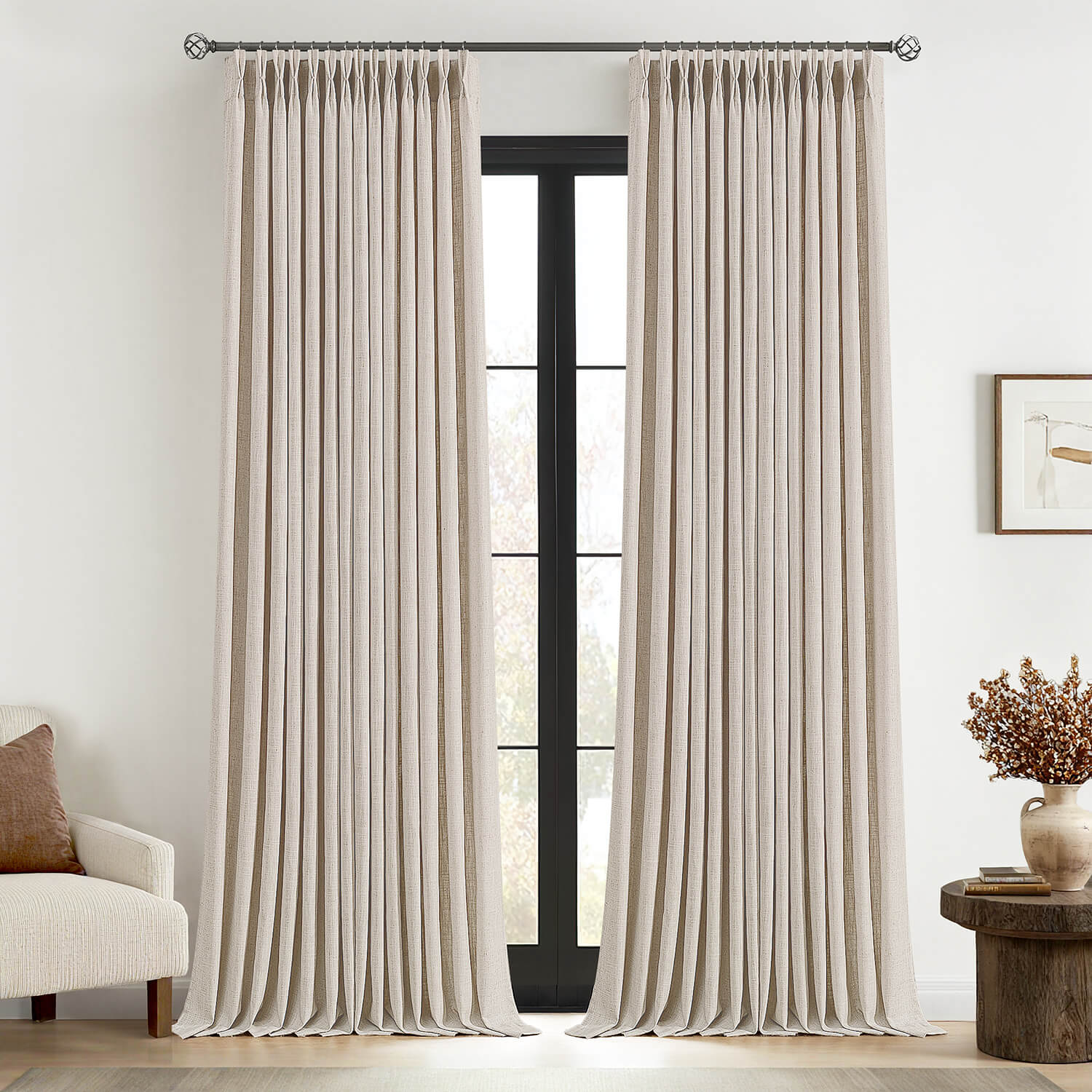MIULEE Pinch Pleated Linen Curtains 102 Inches Long 2 Panels for Living Room Bedroom Thick Texture Linen Drapes Pinch Pleat Back Tab Semi Sheer Privacy Neutral Ivory Cream Farmhouse Window Curtains
