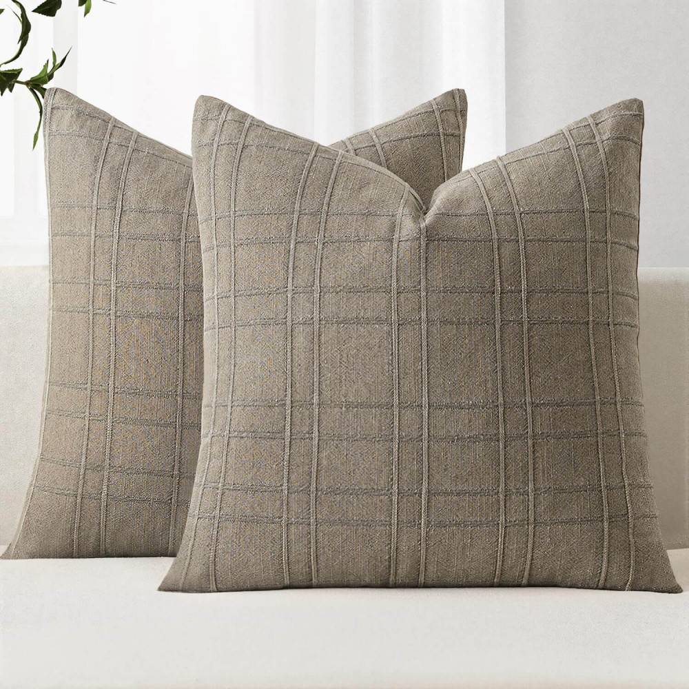 Decorative Linen Check Euro Shams Throw Pillow Covers  Tan Taupe 18x18-inch