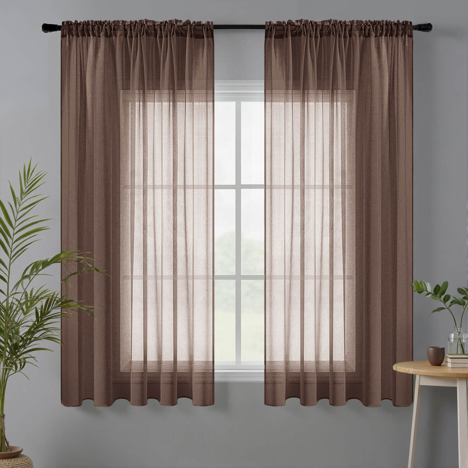 Miulee Sheer Curtains Linen Textured Rod Pocket Light Filtering Voile Window Drapes Chocolate Brown 42Wx63L