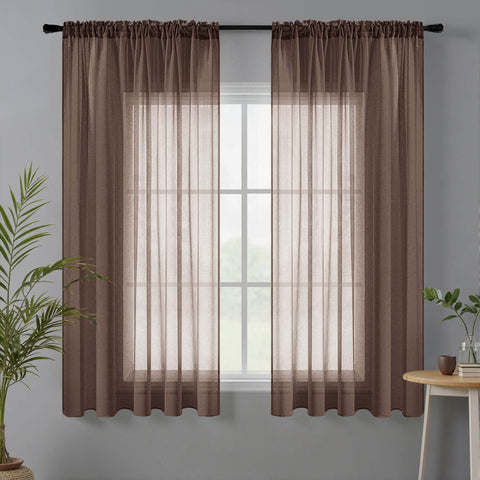 Miulee Sheer Curtains Linen Textured Rod Pocket Light Filtering Voile Window Drapes Chocolate Brown 42Wx63L