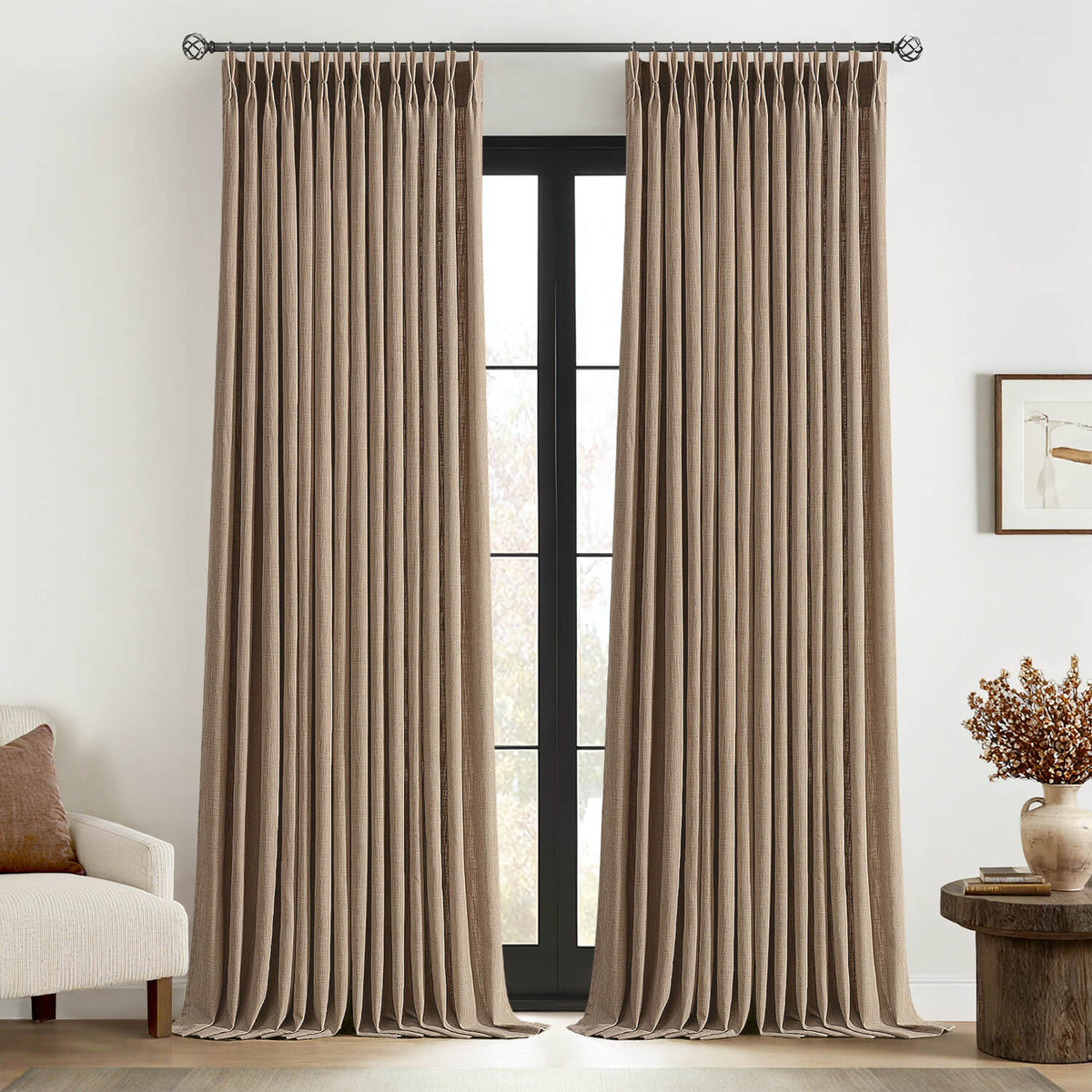 MIULEE Pinch Pleated Linen Curtains 96 Inches Long 2 Panels for Living Room Bedroom Textured Thick Linen Drapes Pleat Back Tab Light Filtering Country Farmhouse Burlap Brown Curtains with Hooks
