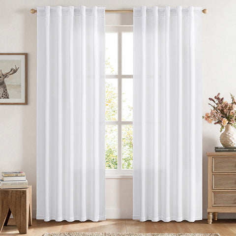 MIULEE Faux Linen Farmhouse Curtains Rod Pocket White 42Wx72L