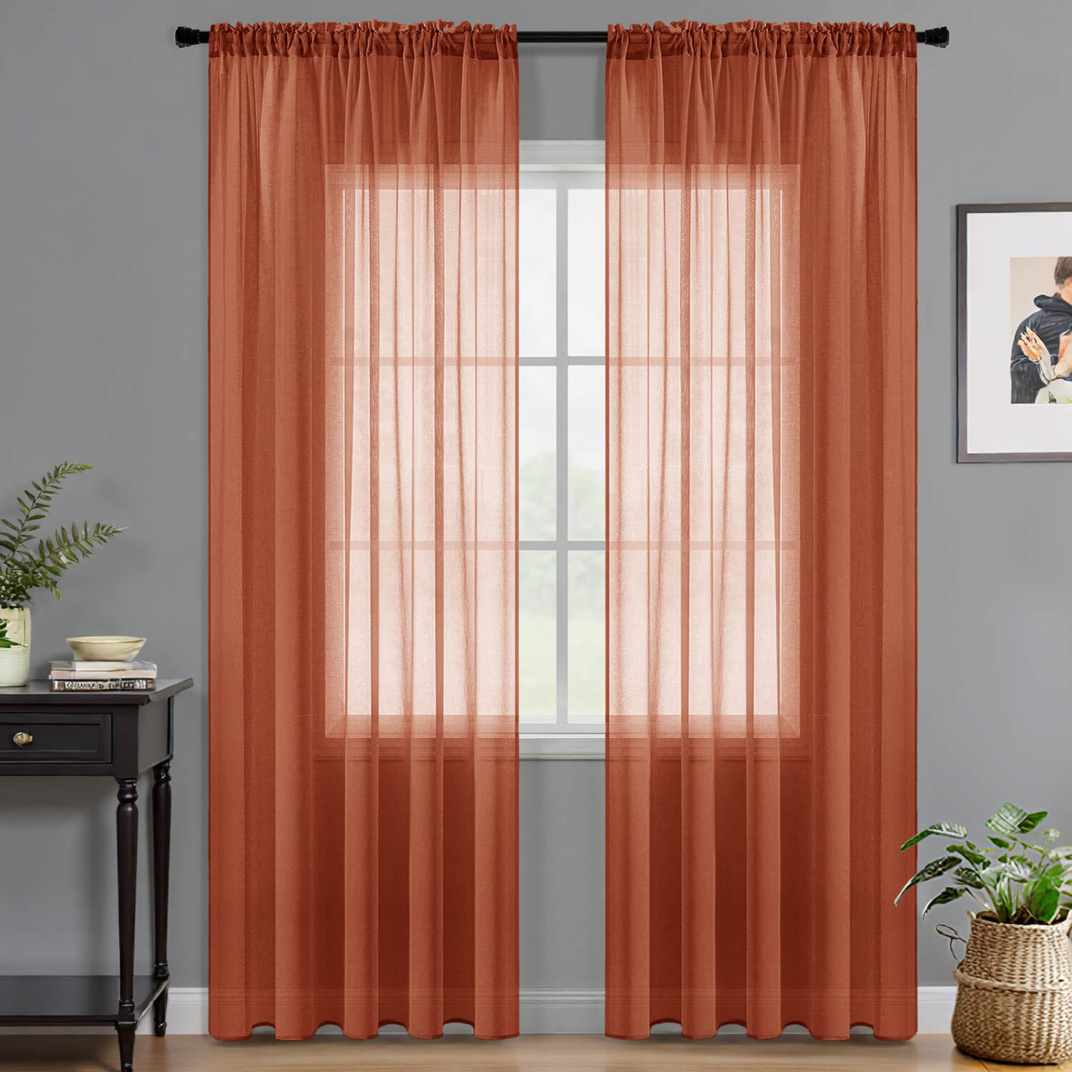 Miulee Sheer Curtains Linen Textured Rod Pocket Light Filtering Voile Window Drapes Terracotta 42Wx84L