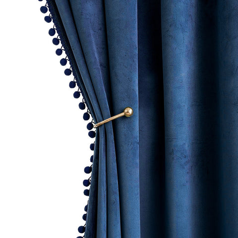 MIULEE Pom Pom Velvet Blackout Curtains Navy Blue 52Wx96L
