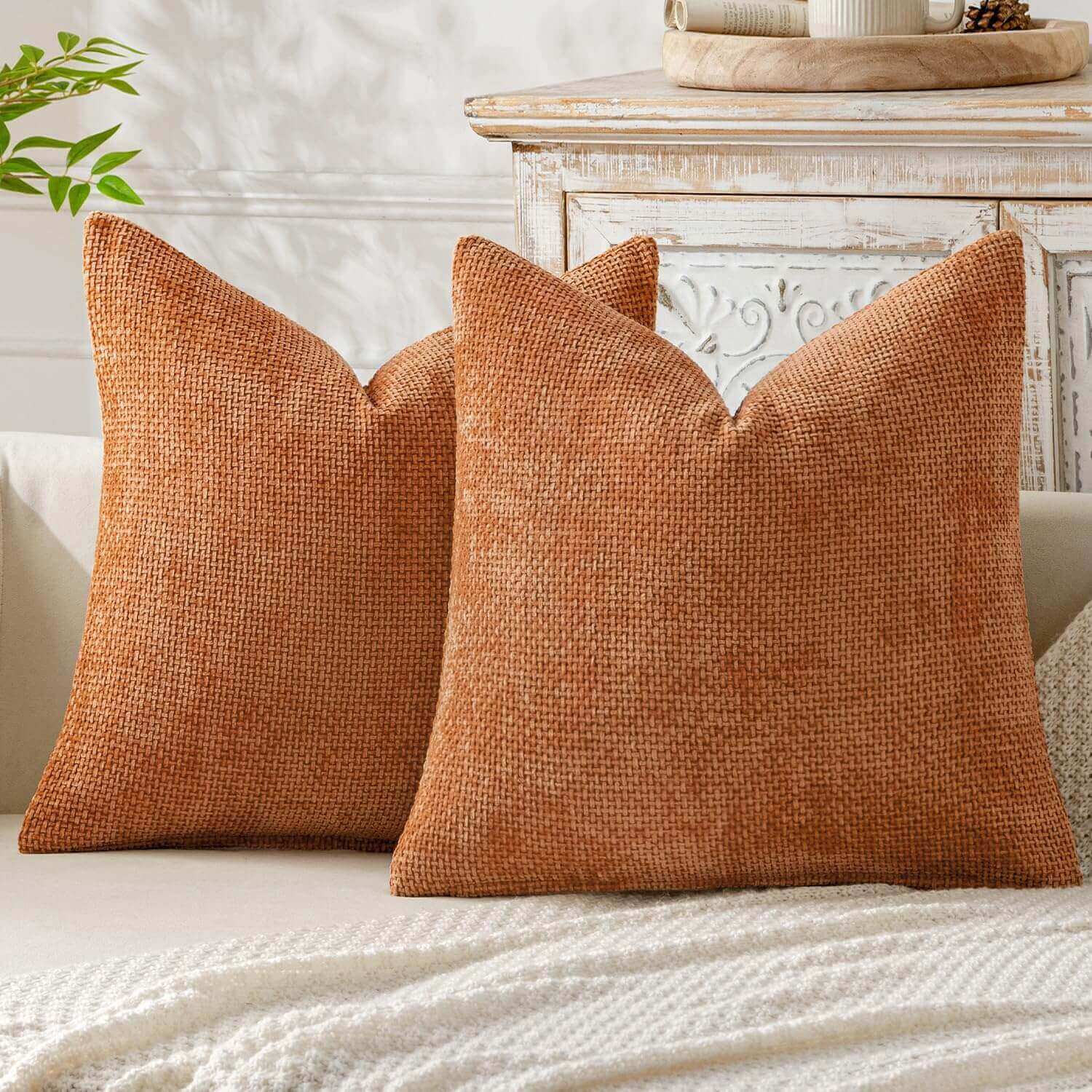 MIULEE Pack of 2 Orange Decorative Pillow Covers 20x20 Inch Soft Chenille Couch Throw Pillows Farmhouse Cushion Covers for Home Decor Sofa Bedroom Living Room