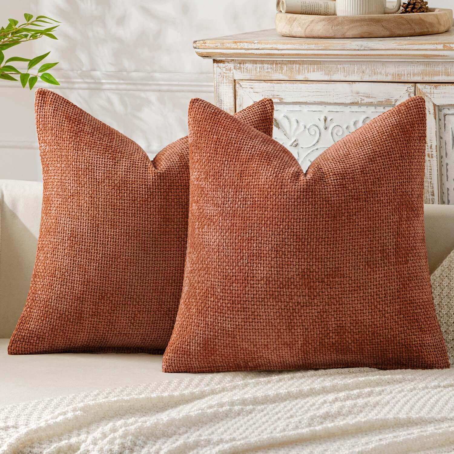 MIULEE Pack of 2 Rust Decorative Pillow Covers 18x18 Inch Soft Chenille Couch Throw Pillows Farmhouse Cushion Covers for Home Decor Sofa Bedroom Living Room