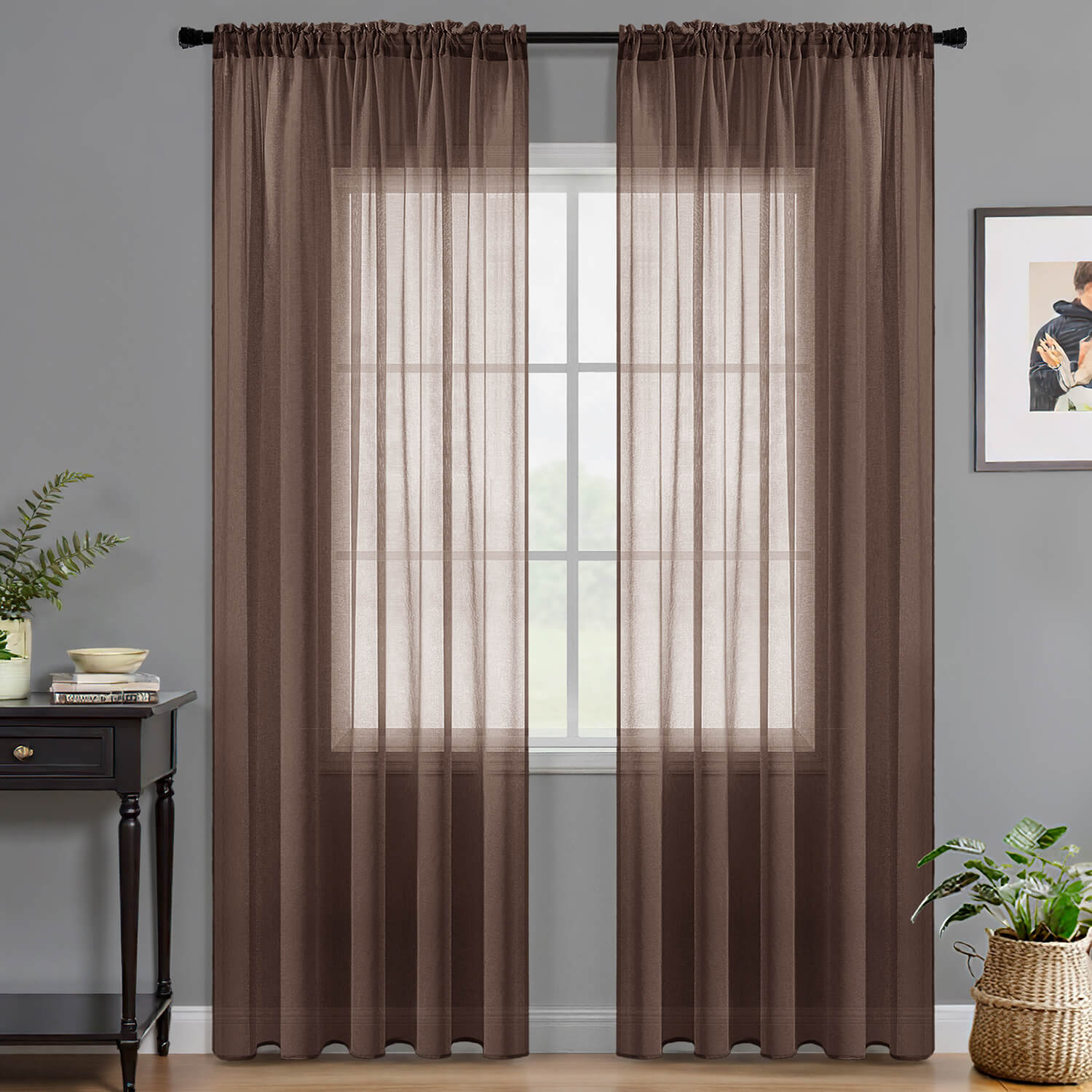 Miulee Sheer Curtains Linen Textured Rod Pocket Light Filtering Voile Window Drapes Chocolate Brown 42Wx84L