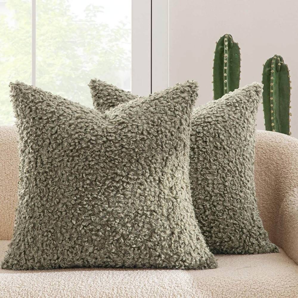 Decorative Fuzzy Sherpa Pillow Covers Sage Green 20x20-inch