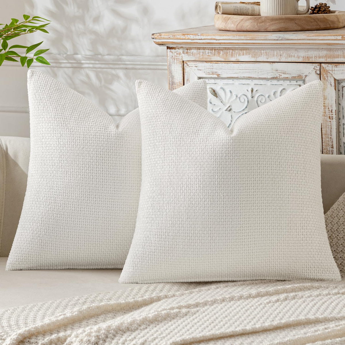 MIULEE Pack of 2 Decorative Pillow Covers 18x18 Inch Pure White Soft Chenille Couch Throw Pillows Farmhouse Cushion Covers for Home Decor Sofa Bedroom Living Room