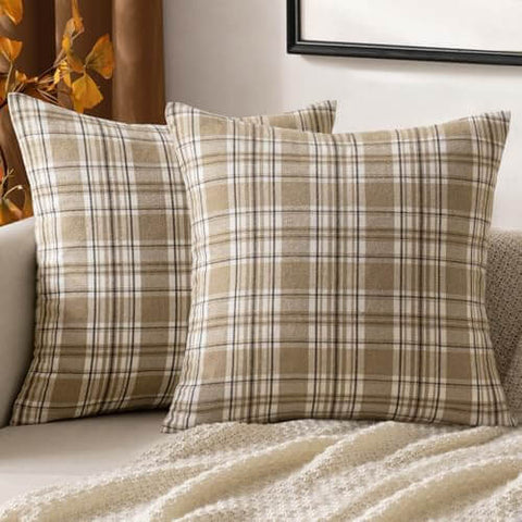 MIULEE Fall Set of 2 Scottish Tartan Plaid Throw Pillow Covers Farmhouse Classic Decorative Square Cushion Cases for Decor Sofa Couch 20x20 Inch, Khaki and White