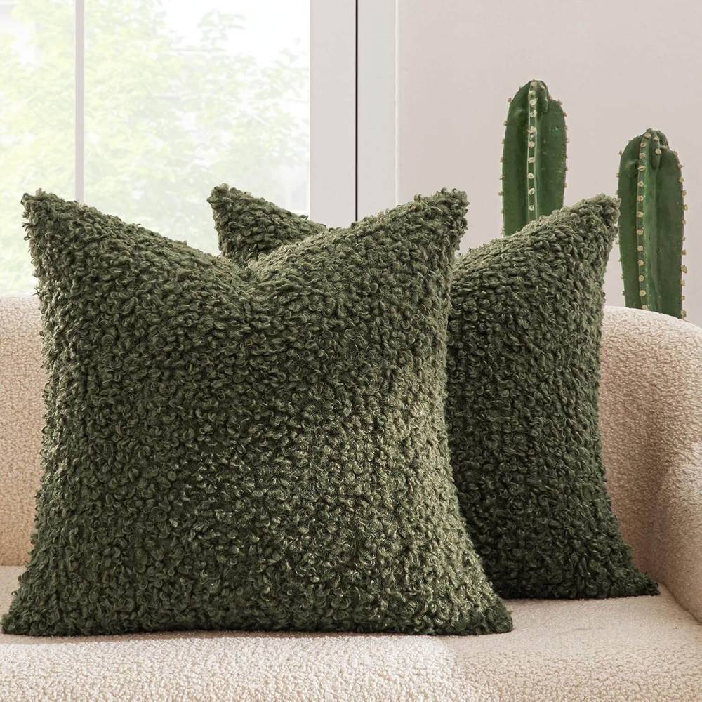 Decorative Fuzzy Sherpa Pillow Covers Olive Green 20x20-inch