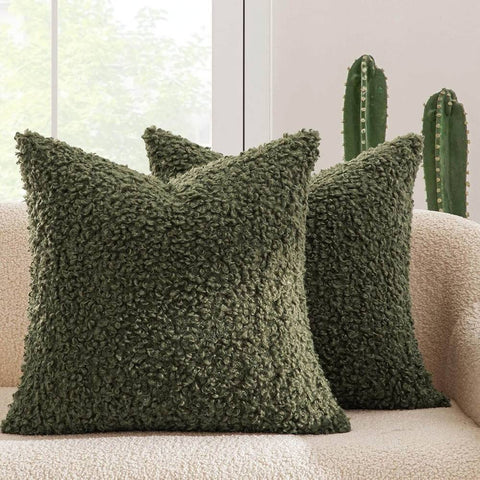 Decorative Fuzzy Sherpa Pillow Covers Olive Green 20x20-inch
