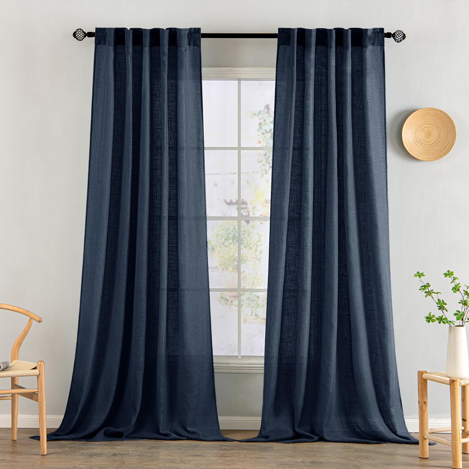 miulee soft thick linen textured window drapes back tab navy blue 52Wx108L