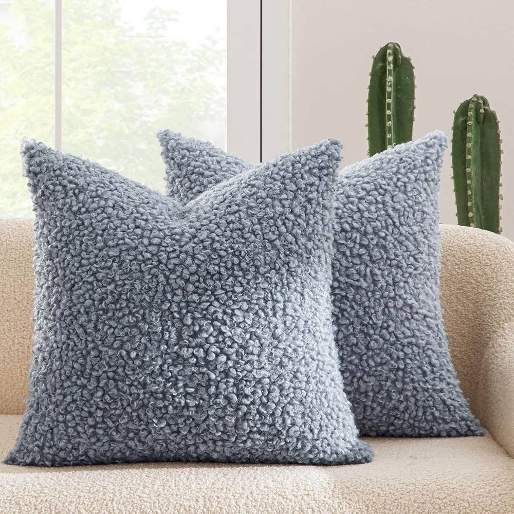 Decorative Fuzzy Sherpa Pillow Covers Dusty Blue 20x20-inch