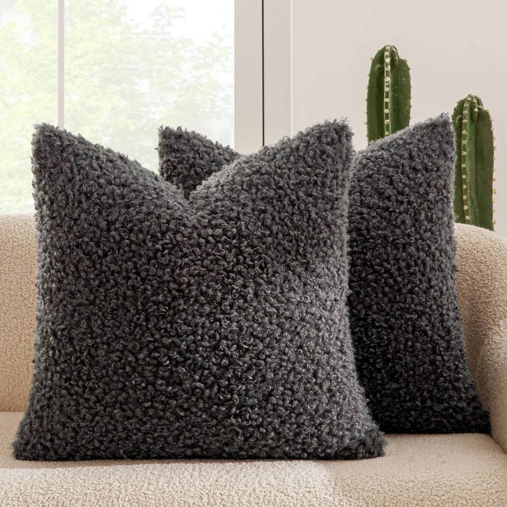 Decorative Fuzzy Sherpa Pillow Covers Dark Gray 20x20-inch